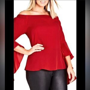 CITY CHIC SIZE PLUS SIZE XS 14 red Romantic Off the Shoulder Bell‎ Sleeve Top